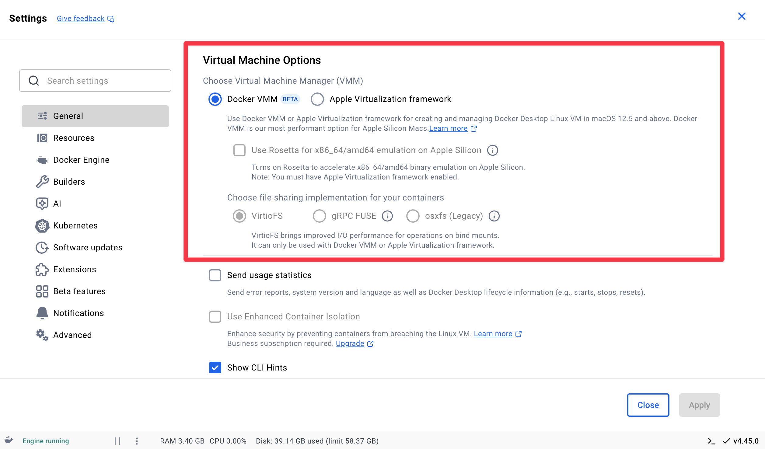 Docker Desktop for Macの設定画面