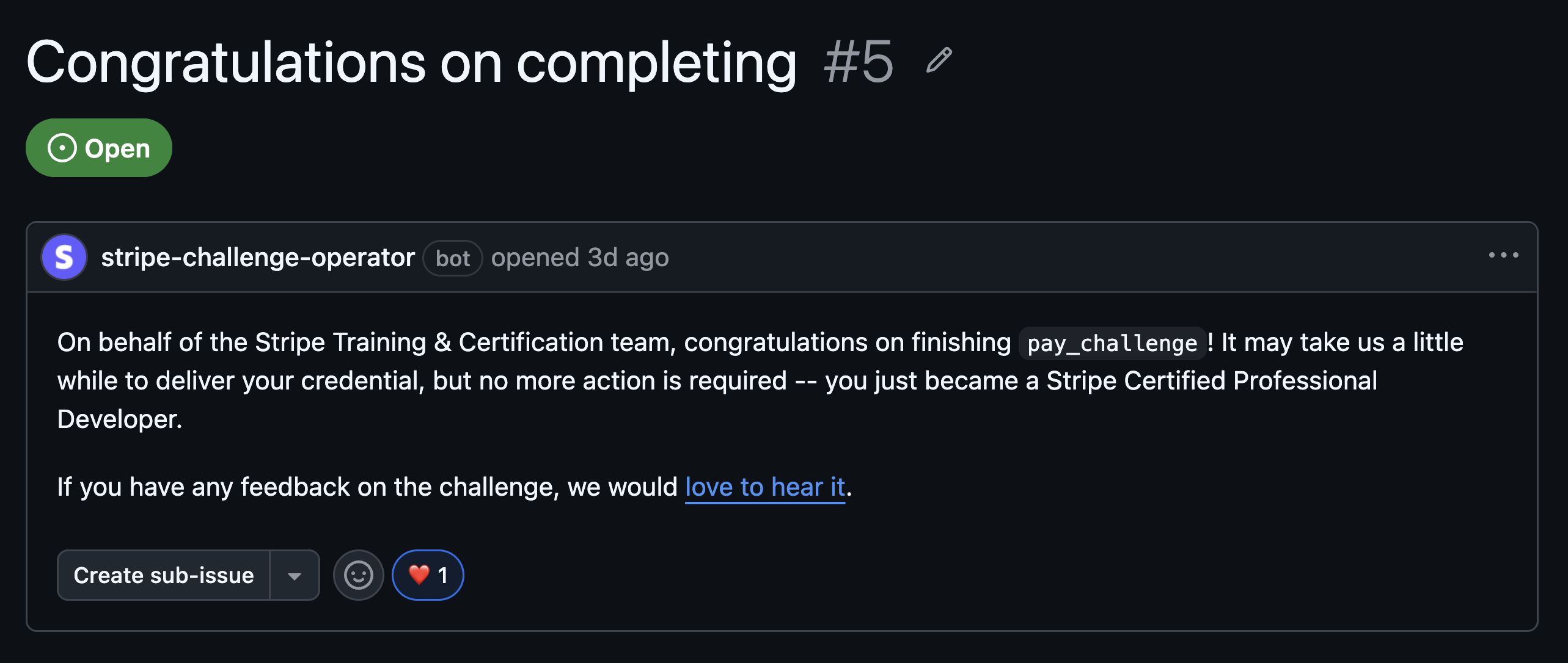 Stripe Professional Developerの課題を完了したGitHub Issue