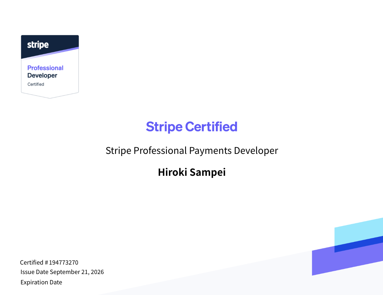 Stripe Professional Payments Developerの認定証