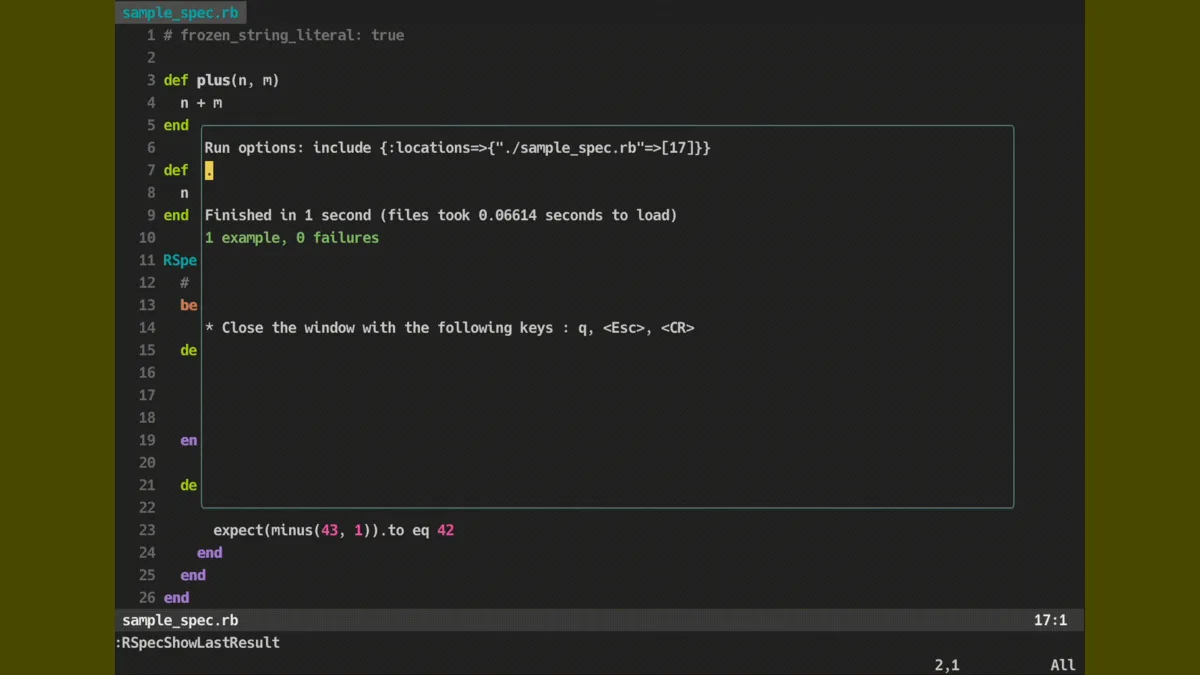 rspec.nvim のスクリーンショット